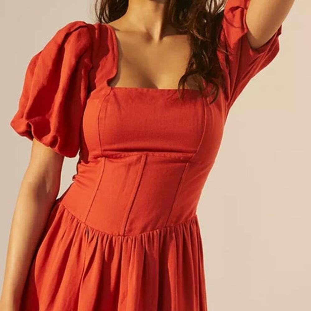 Anthropologie Current Air Square neck puff sleeved Midi Dress, Burnt Orange Sz L